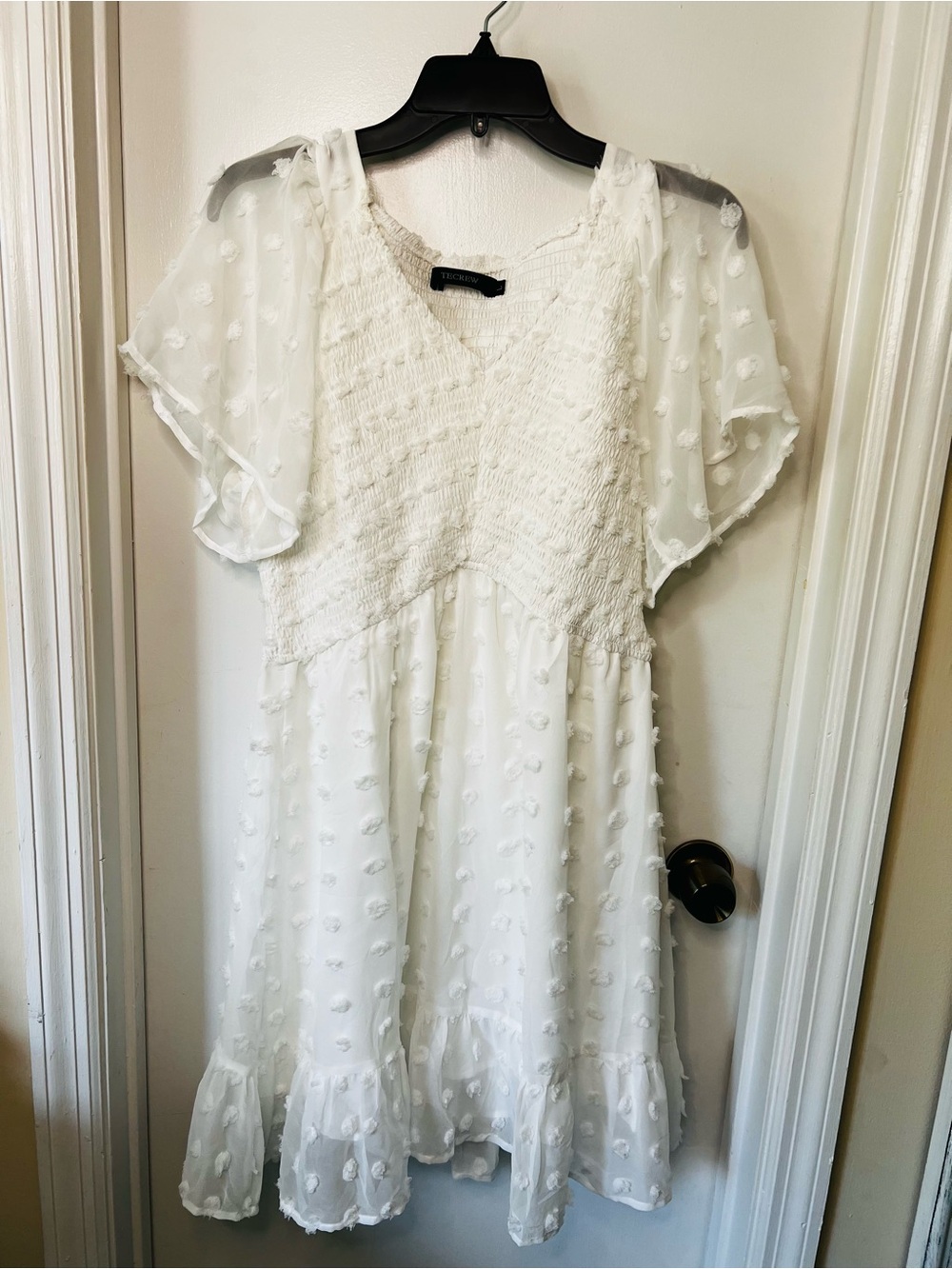 *TECREW Elegant White Smocked, Swiss-Dot flowy Summer Dress